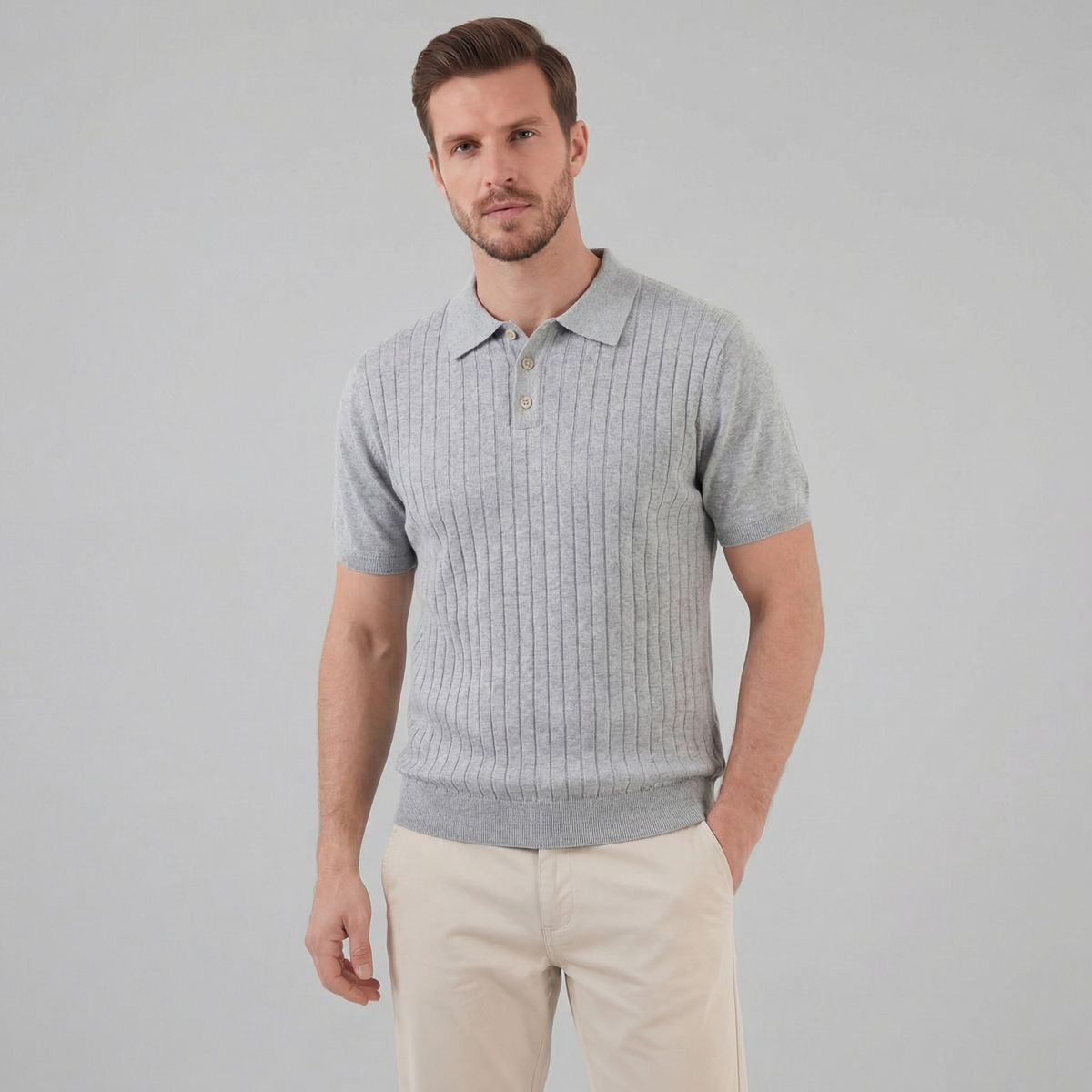 Men's Knit Polo Shirt with Stripes for Casual Wear