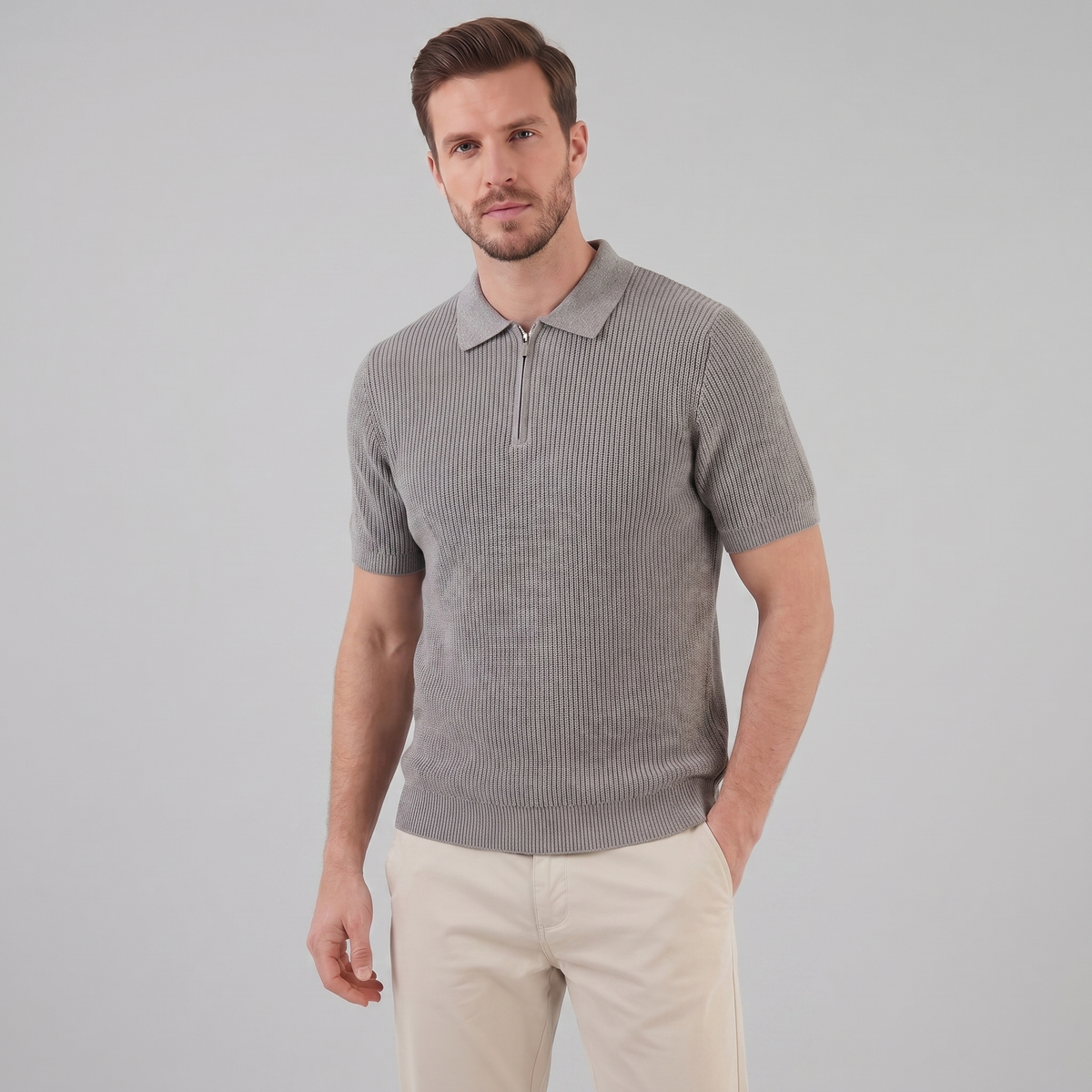 Men's Knit Zip Neck Polo Shirt - Casual Cotton Blend for Everyday Wear