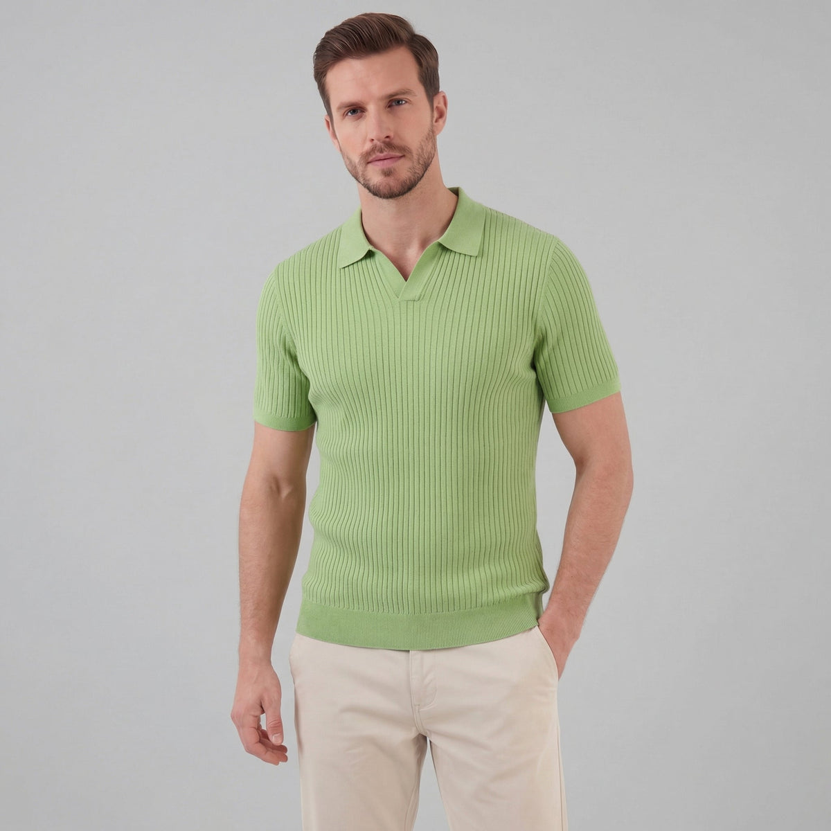 Men's Ribbed Knit Polo Shirt - Short Sleeve Casual Wear for Everyday Comfort