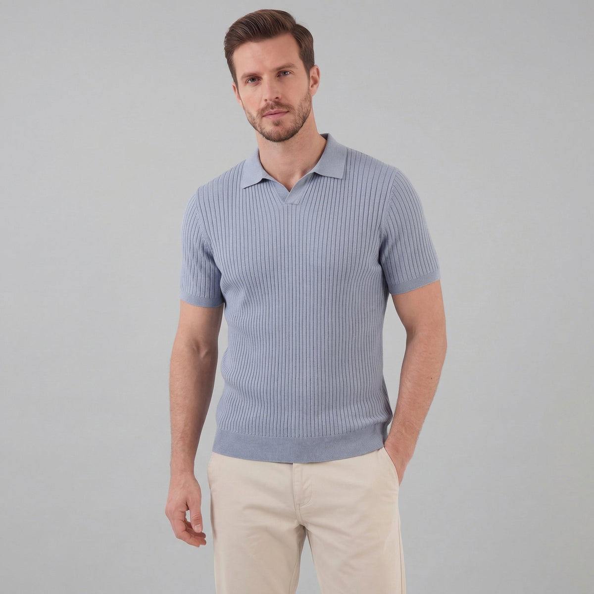 Men's Ribbed Knit Polo Shirt - Short Sleeve Casual Wear for Everyday Comfort