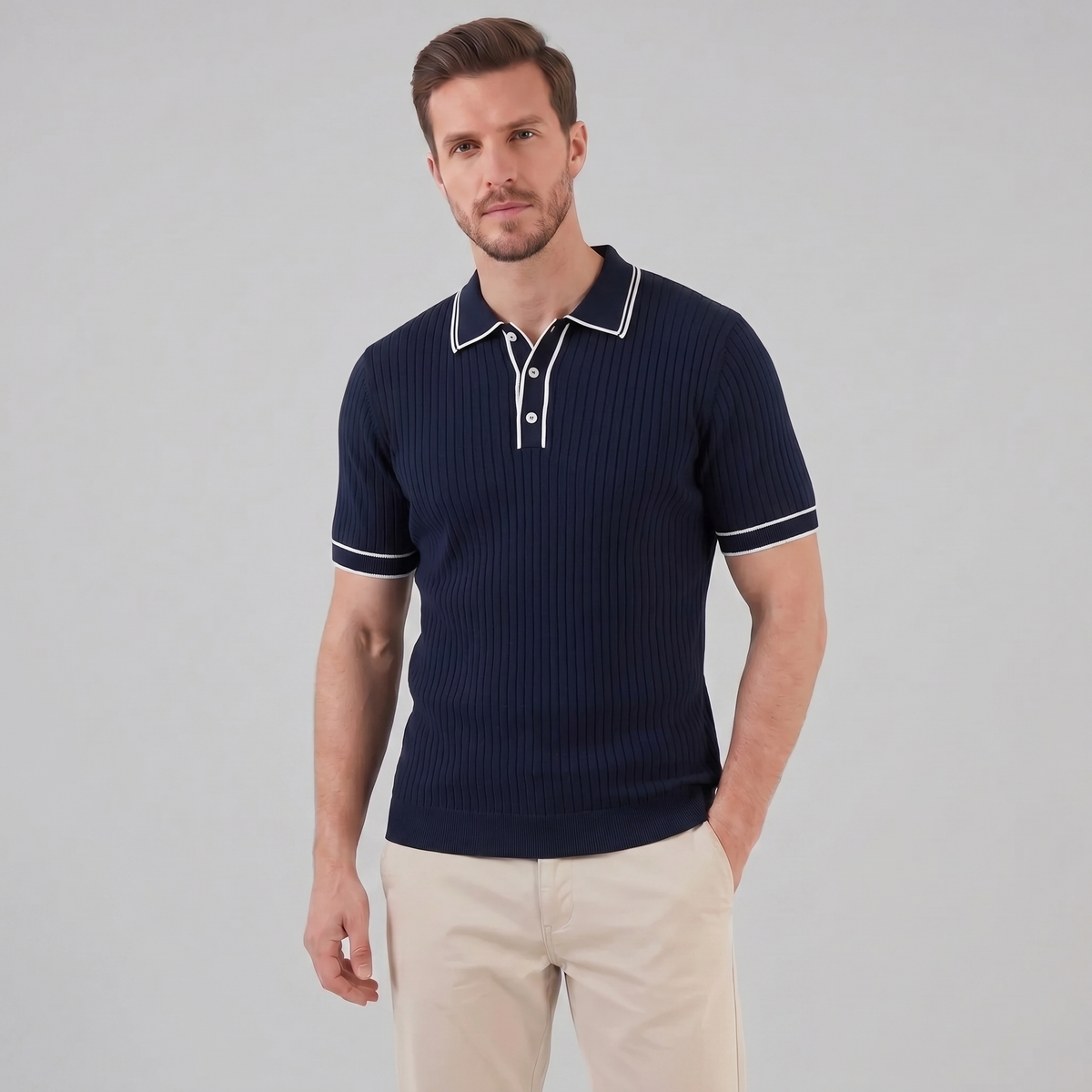 Men's Ribbed Knit Polo Shirt with Contrast Trim for Casual Wear