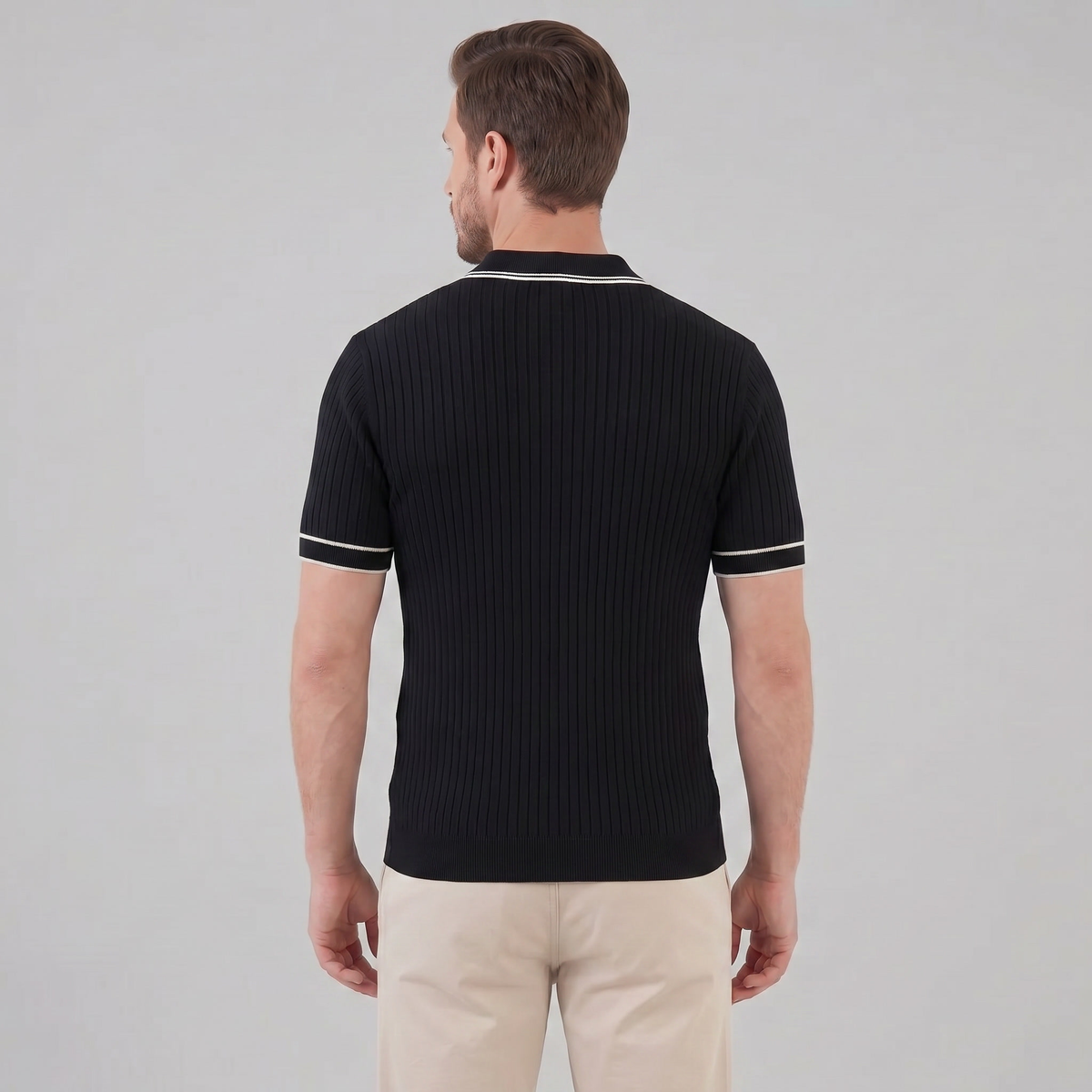 Men's Ribbed Knit Polo Shirt with Contrast Trim for Casual Wear