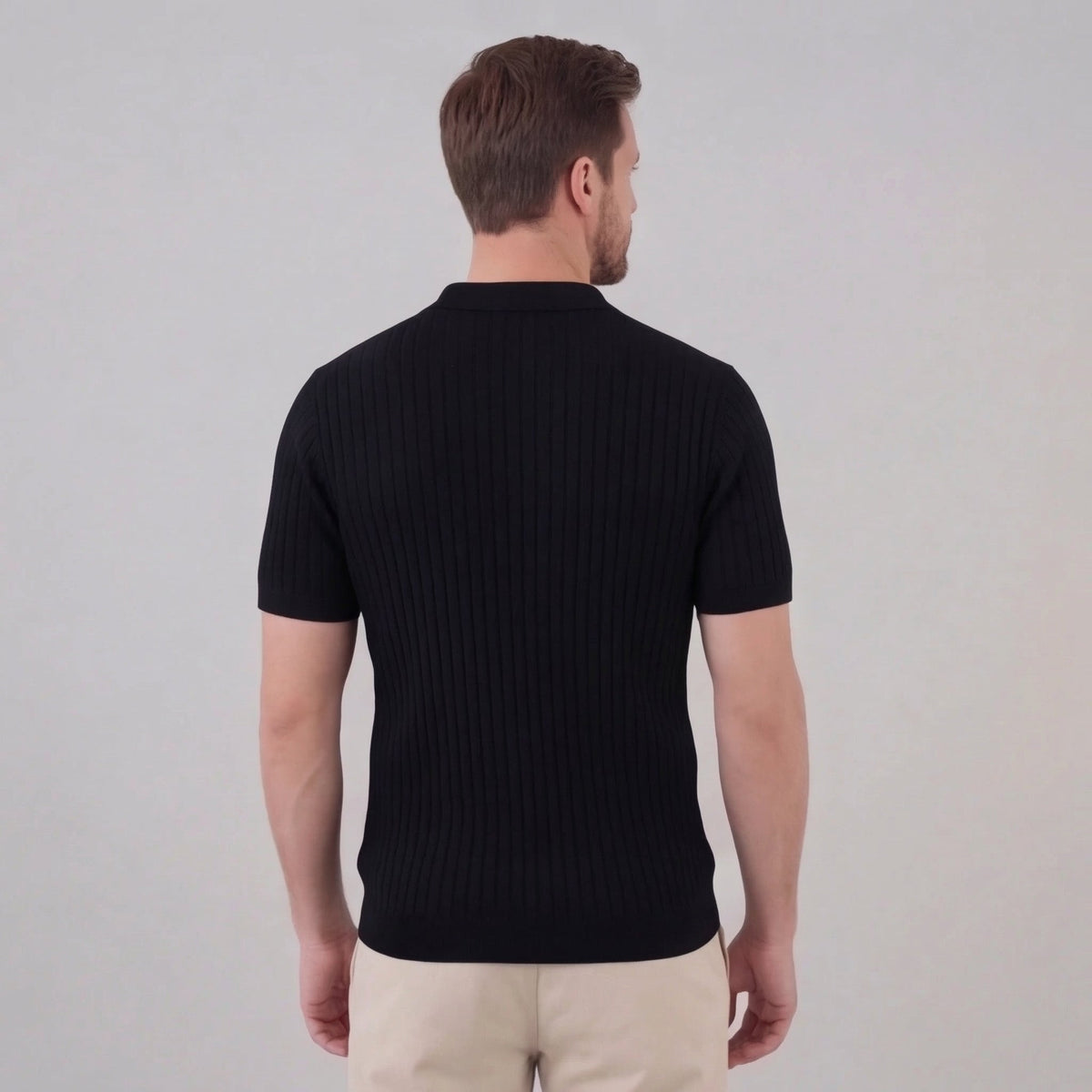 Men's Ribbed V-Neck Polo Shirt - Short Sleeve Casual Wear in Cotton Blend