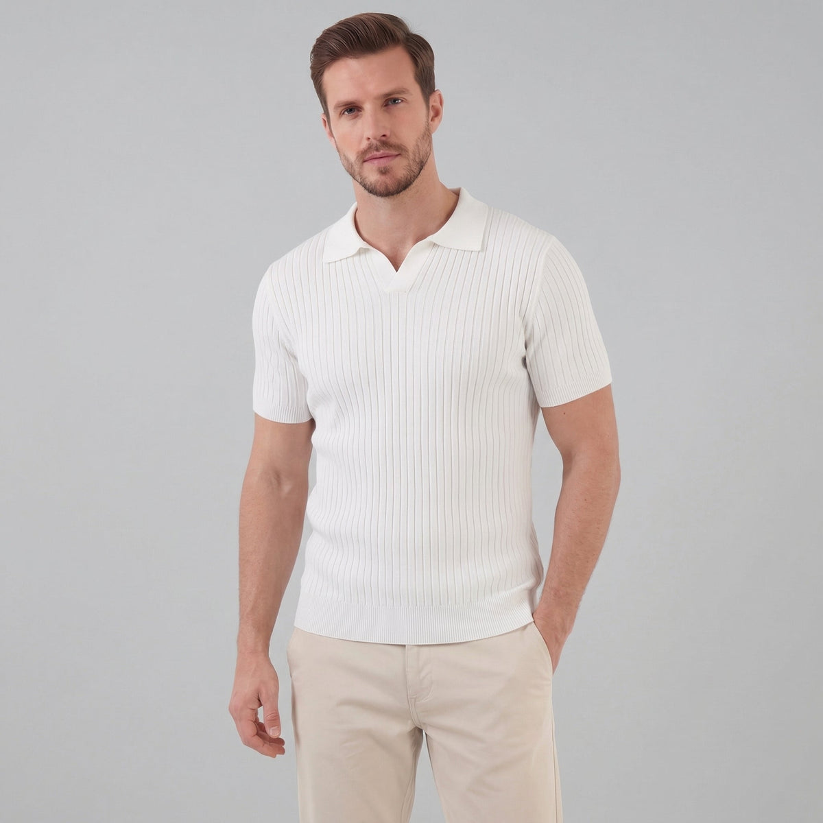 Men's Ribbed V-Neck Polo Shirt - Short Sleeve Casual Wear in Cotton Blend