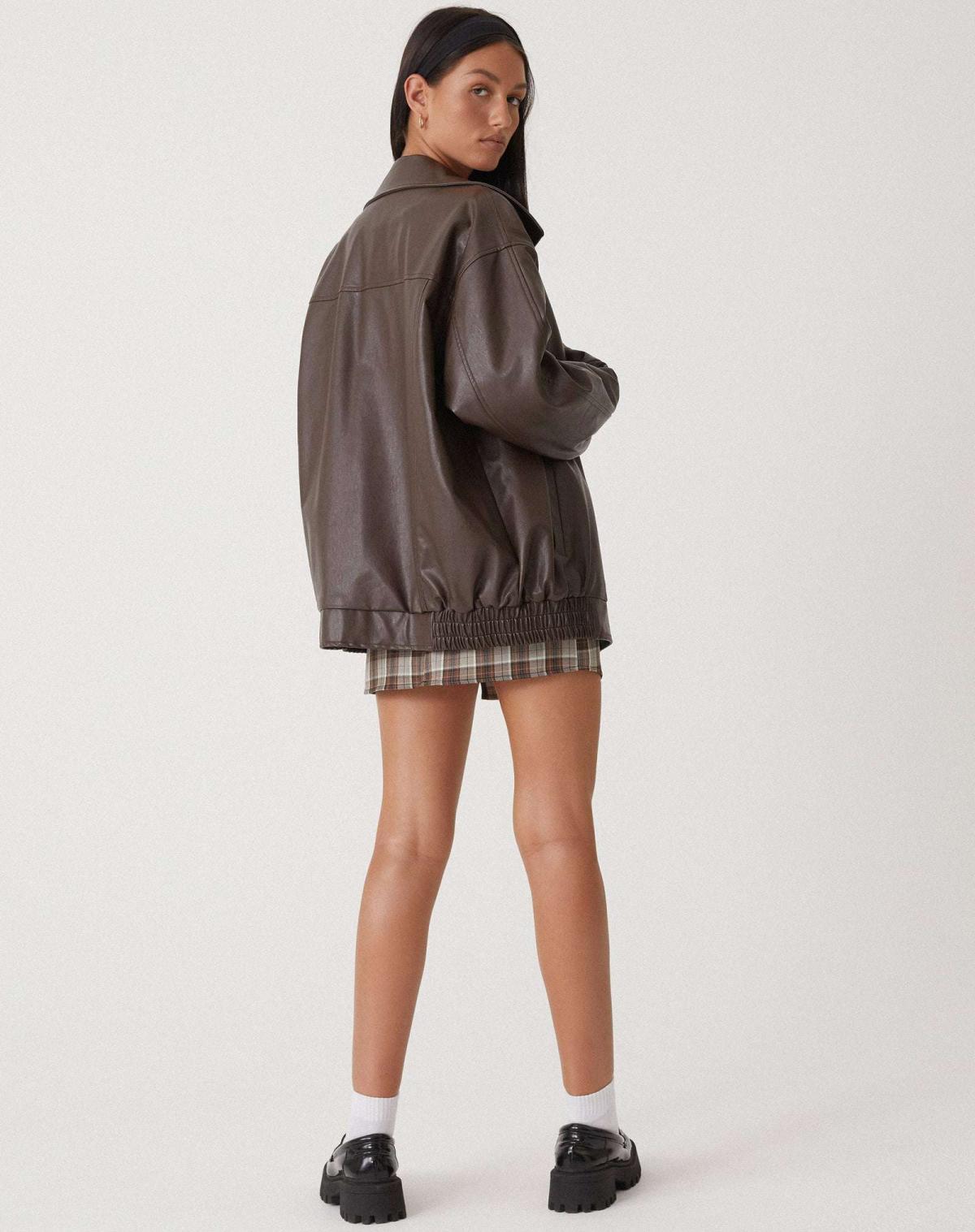 Oversized Faux Leather Bomber Jacket with Zip Front – Casual Wear, Everyday Style