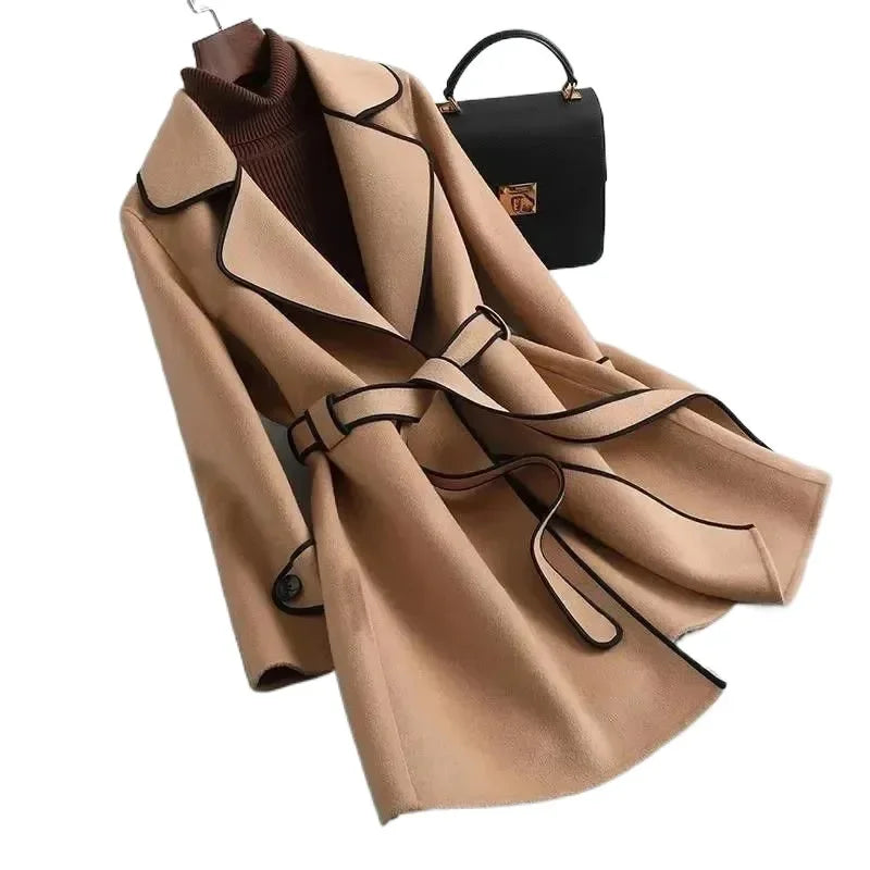 Coat with Belt and Lapel Collar – Casual, Office Wear