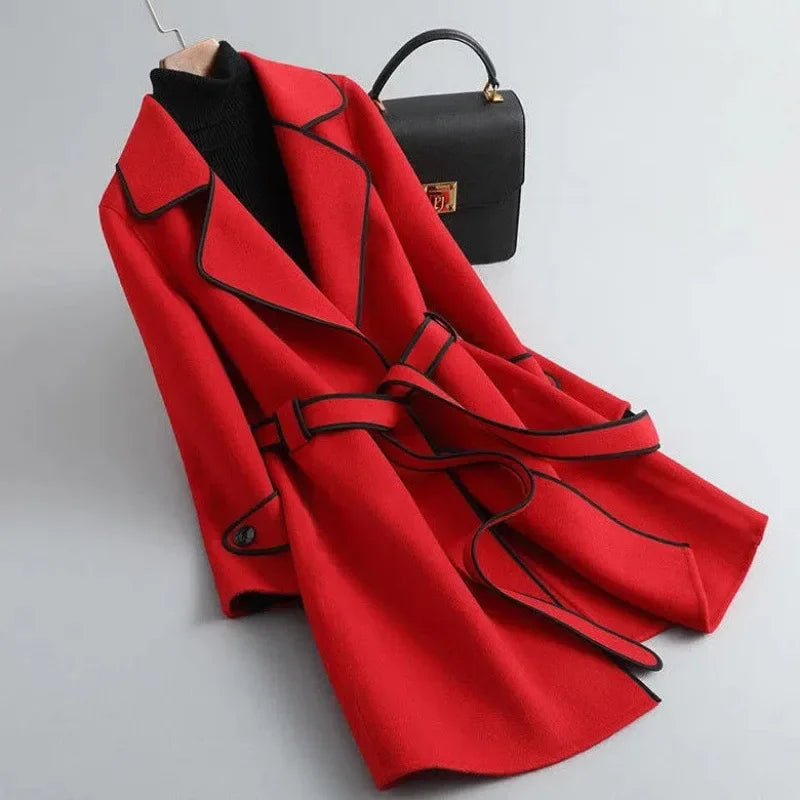 Coat with Belt and Lapel Collar – Casual, Office Wear