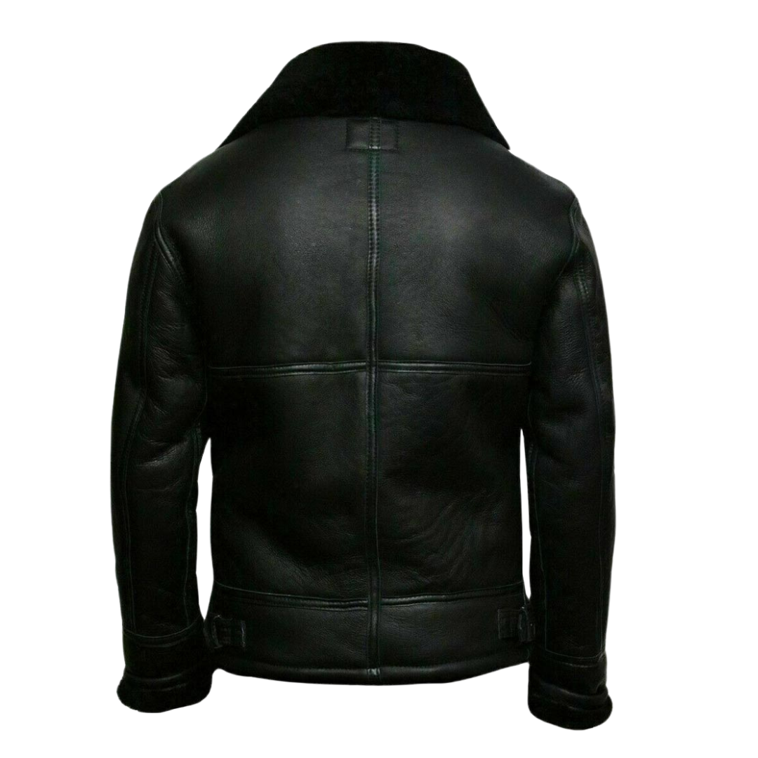 Pilot Jacket in Black Leather with Faux Fur Collar – Casual Wear, Outdoor Activities