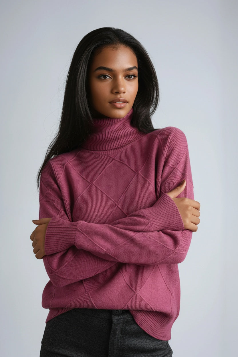 Turtleneck Jumper with Diamond Motif – Casual Wear, Office Style