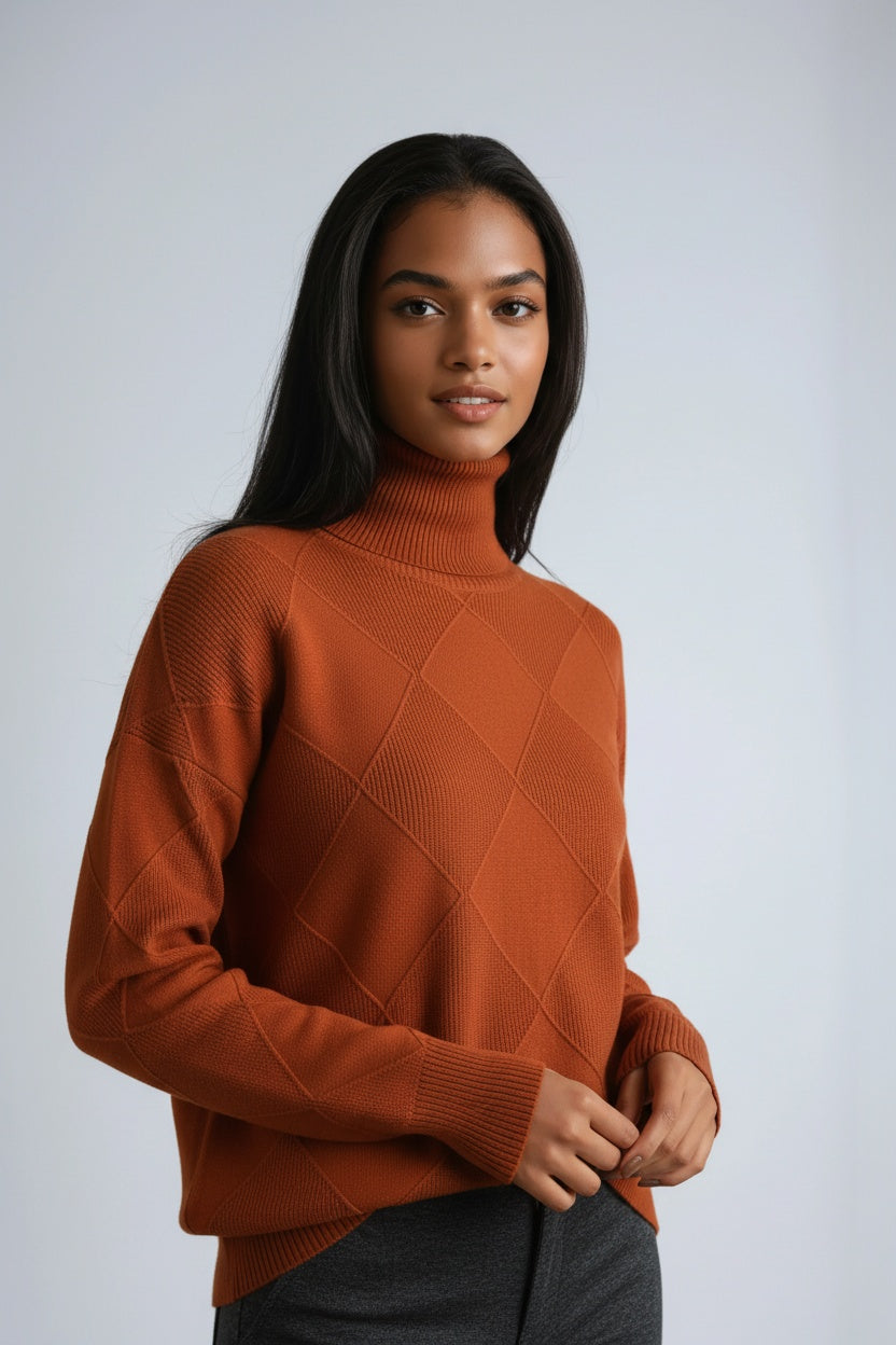Turtleneck Jumper with Diamond Motif – Casual Wear, Office Style