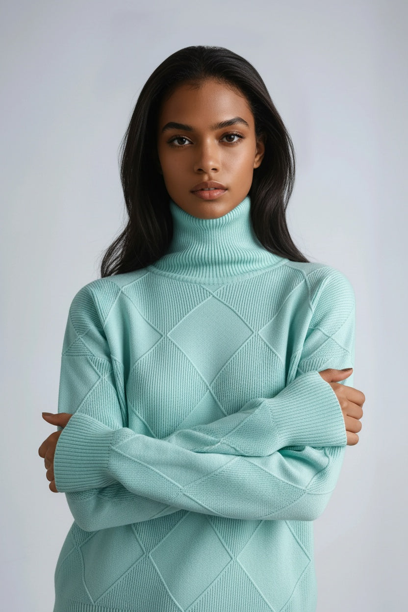 Turtleneck Jumper with Diamond Motif – Casual Wear, Office Style