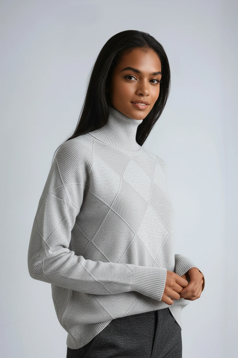 Turtleneck Jumper with Diamond Motif – Casual Wear, Office Style