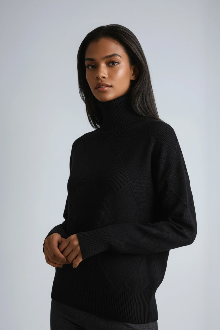 Turtleneck Jumper with Diamond Motif – Casual Wear, Office Style
