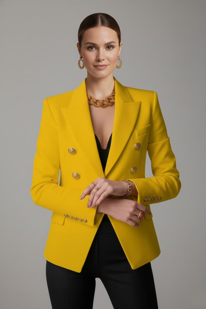 Women’s Double-Breasted Blazer with Gold-Tone Buttons – Office, Evening Wear