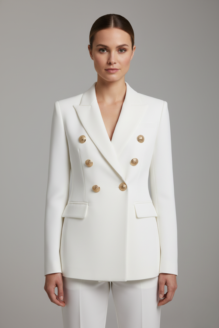 Women’s Double-Breasted Blazer with Gold-Tone Buttons – Office, Evening Wear