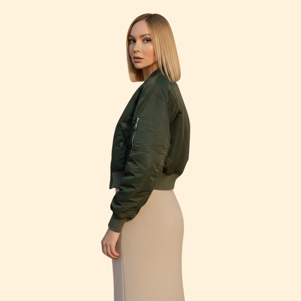 Cropped Bomber Jacket for Women in Olive Green – Casual Wear, Stylish Layering