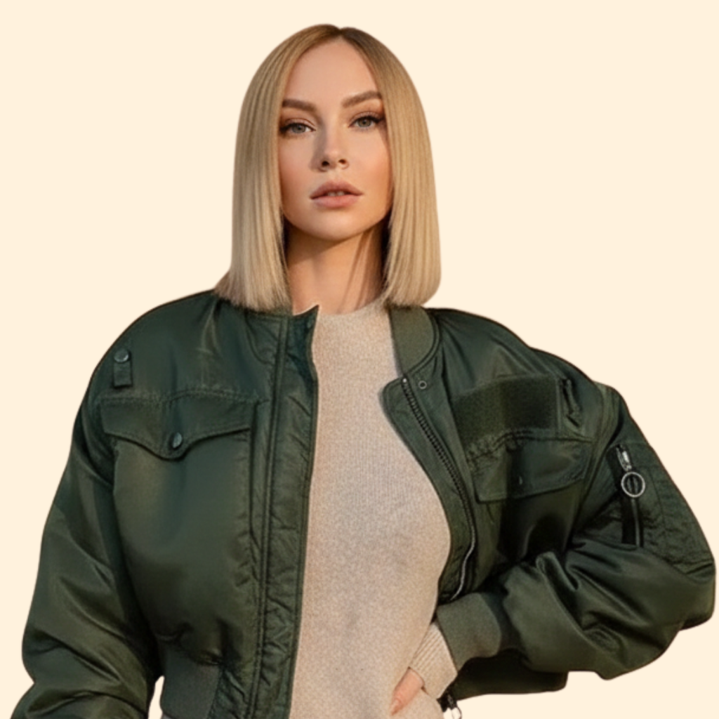 Cropped Bomber Jacket for Women in Olive Green – Casual Wear, Stylish Layering