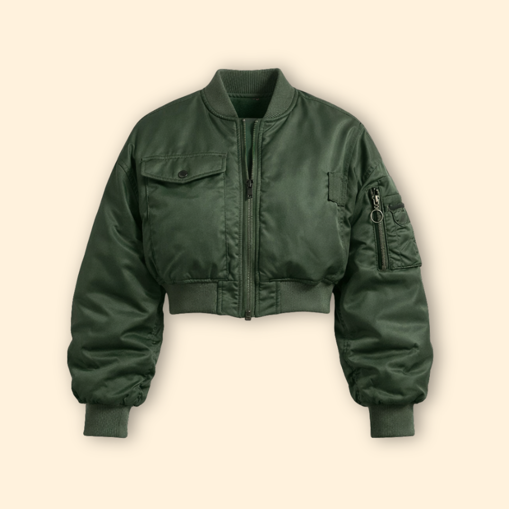 Cropped Bomber Jacket for Women in Olive Green – Casual Wear, Stylish Layering