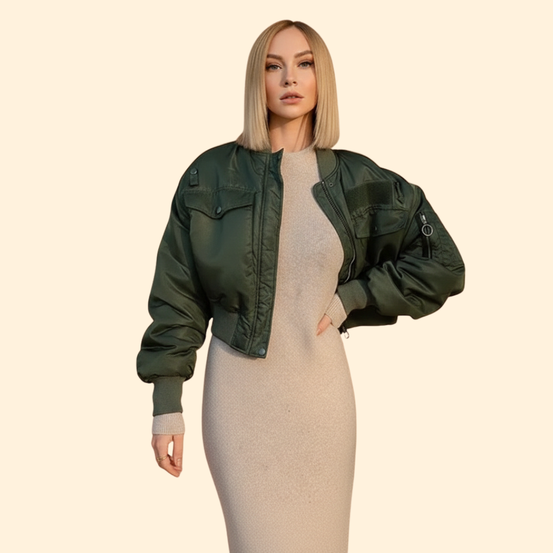 Cropped Bomber Jacket for Women in Olive Green – Casual Wear, Stylish Layering