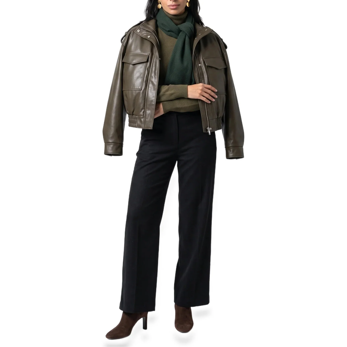 Women's Cropped Bomber Jacket – Faux Leather, Ribbed Cuffs – Casual, Stylish