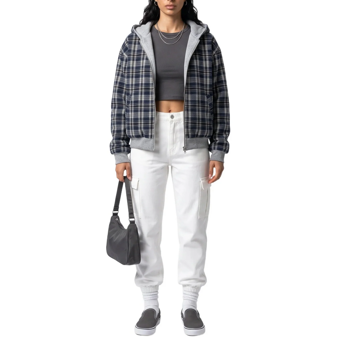 Reversible Cropped Hooded Jacket – Check Pattern, Casual Wear, Layering