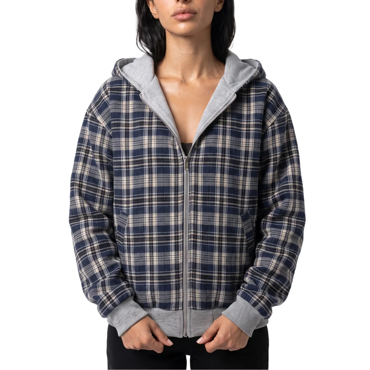 Reversible Cropped Hooded Jacket – Check Pattern, Casual Wear, Layering
