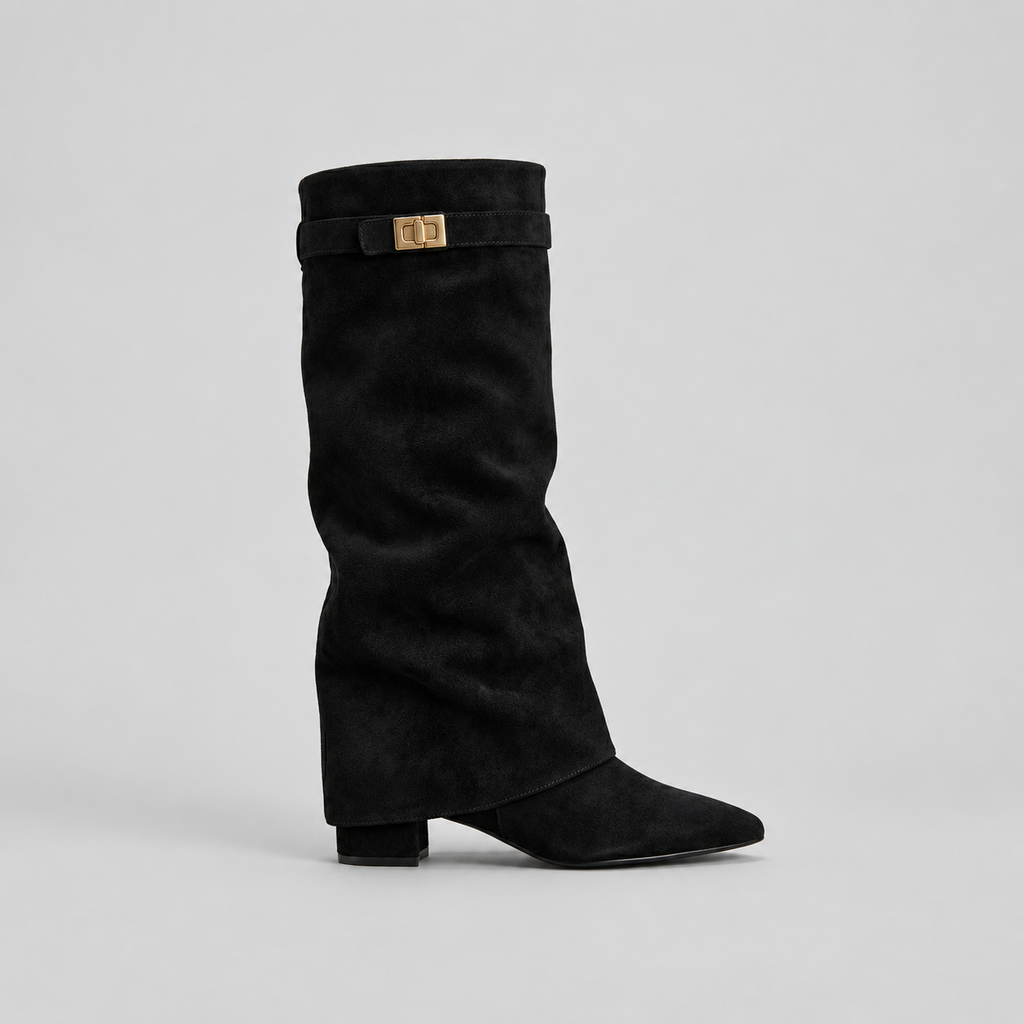Knee High Boots with Low Block Heel & Gold Buckle – Casual, Office