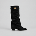 Knee High Boots with Low Block Heel & Gold Buckle – Casual, Office