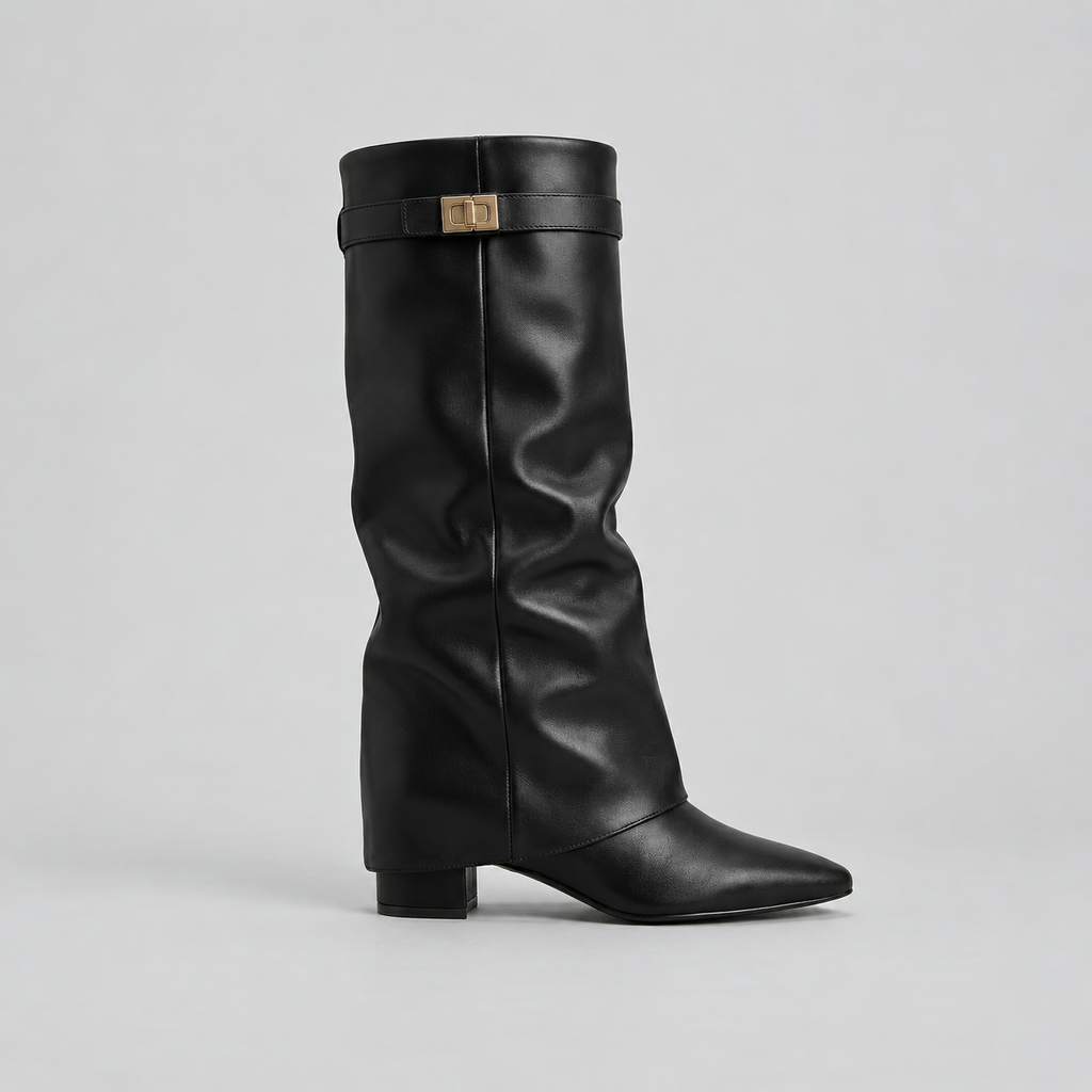 Knee High Boots with Low Block Heel & Gold Buckle – Casual, Office
