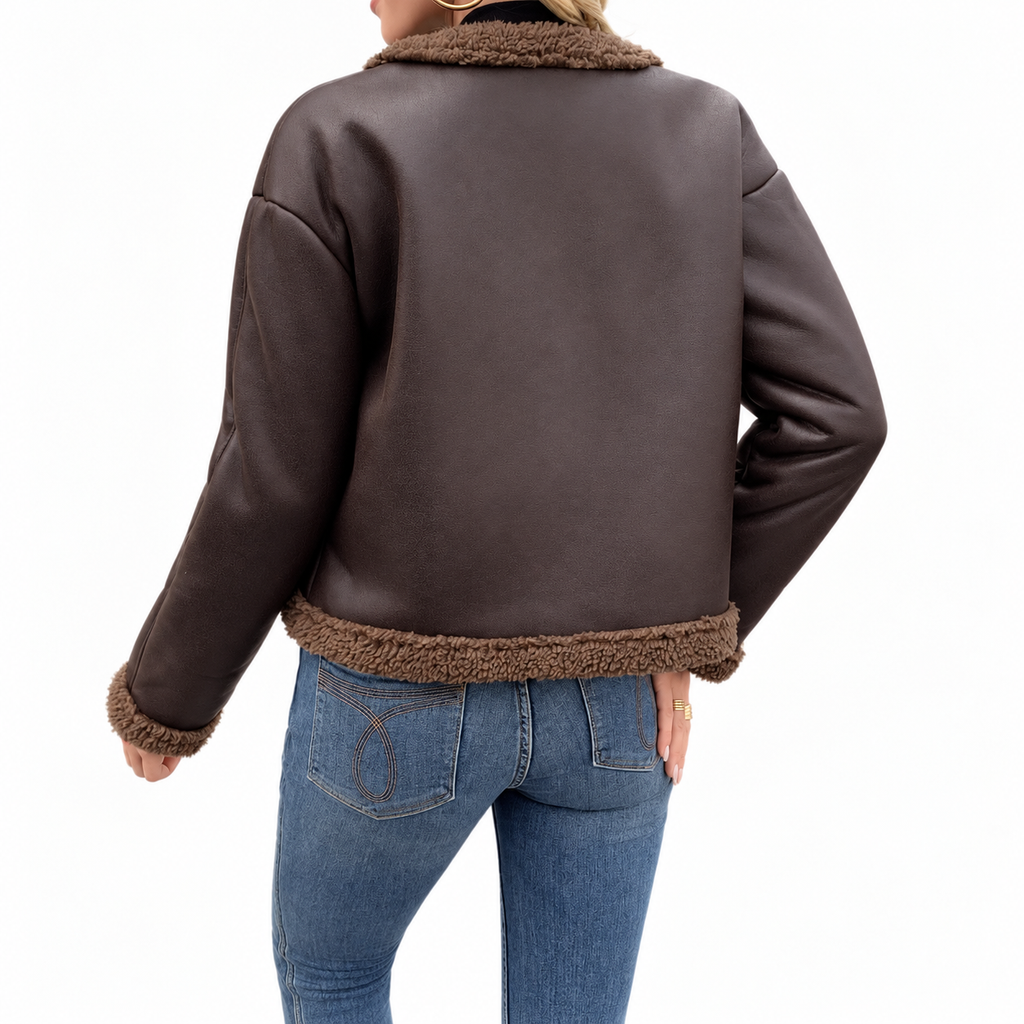 Brown Faux Leather Cropped Jacket with Shearling Trim – Winter Fashion, Casual Wear