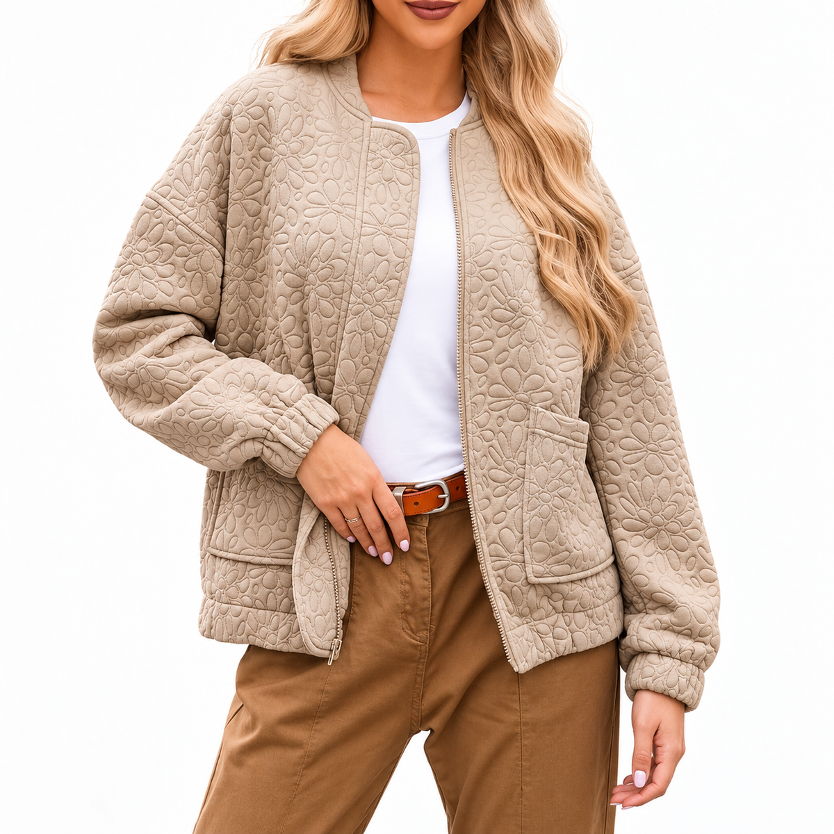 Women's Quilted Jacket in Beige | Zip-Up, Long Sleeve with Pockets – Casual Wear, Everyday Comfort