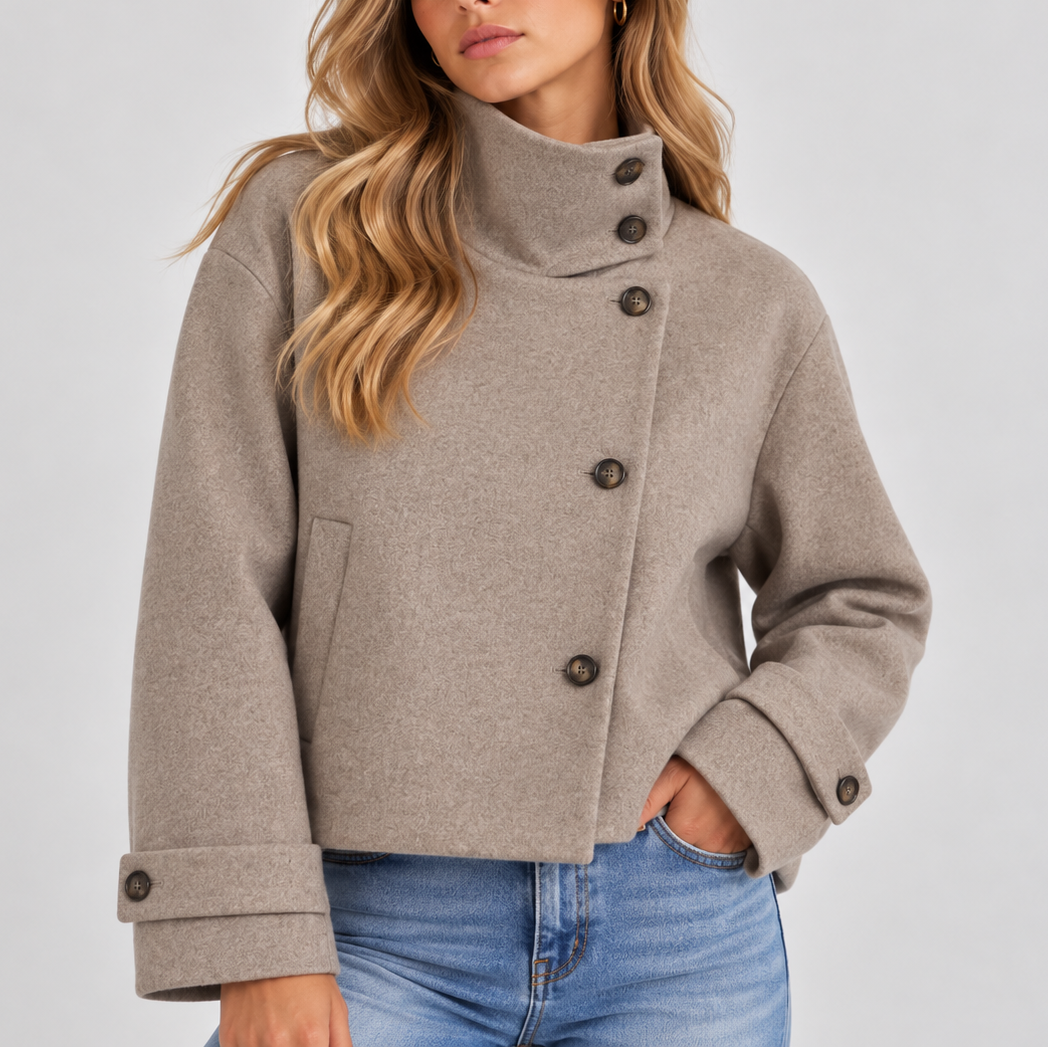 Women's Cropped Jacket – High Neck, Button Front – Casual, Stylish