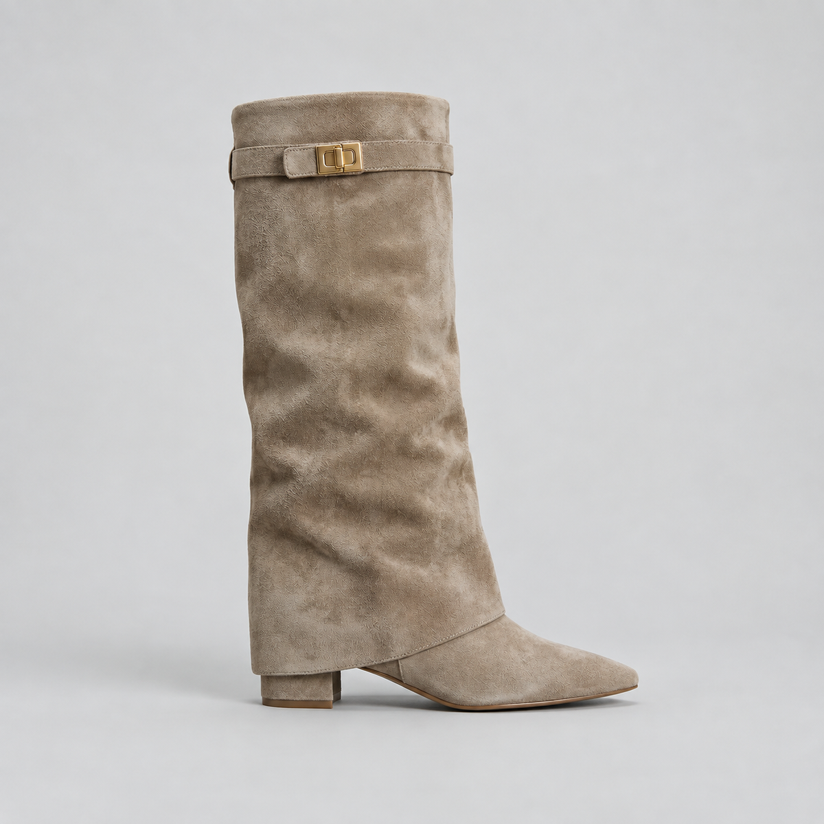 Knee High Boots with Low Block Heel & Gold Buckle – Casual, Office