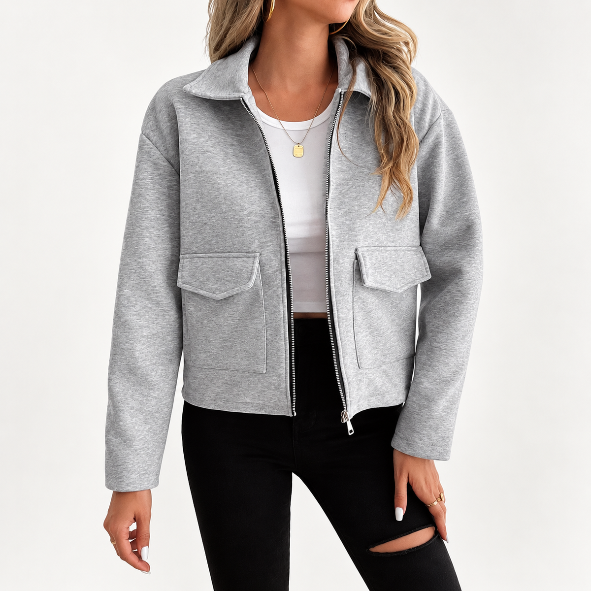 Women's Grey Zip-Up Utility Overshirt – Long Sleeve, Flap Pockets – Casual, Everyday Wear