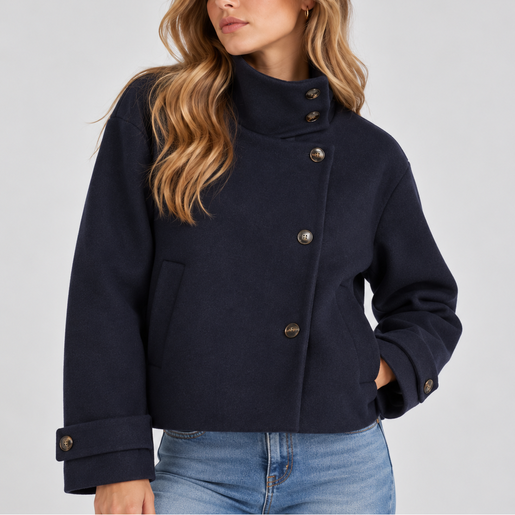 Women's Cropped Jacket – High Neck, Button Front – Casual, Stylish