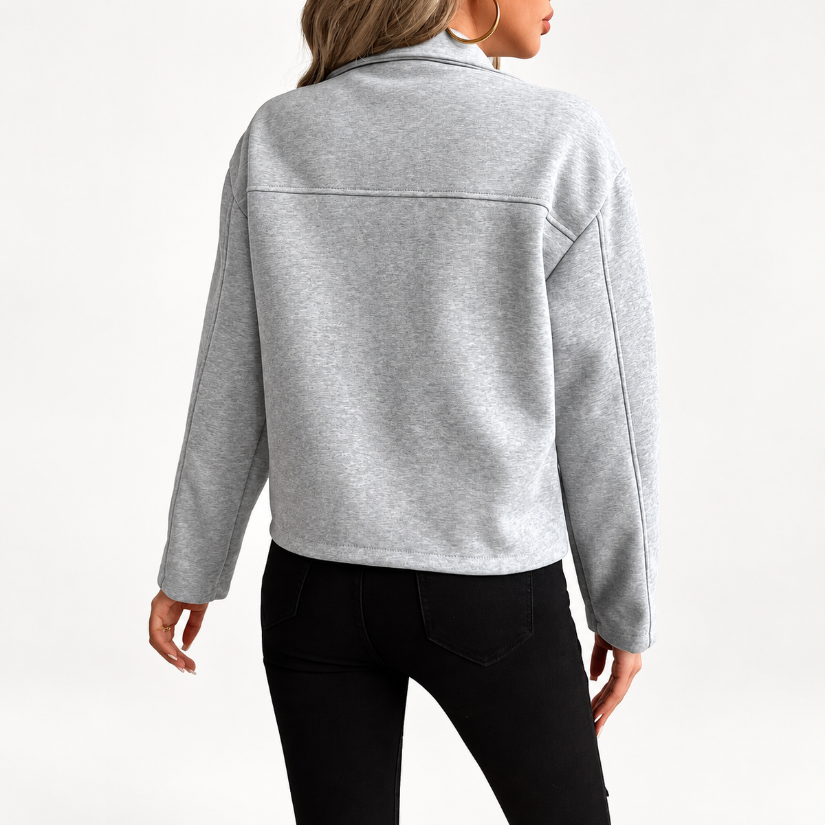 Women's Grey Zip-Up Utility Overshirt – Long Sleeve, Flap Pockets – Casual, Everyday Wear