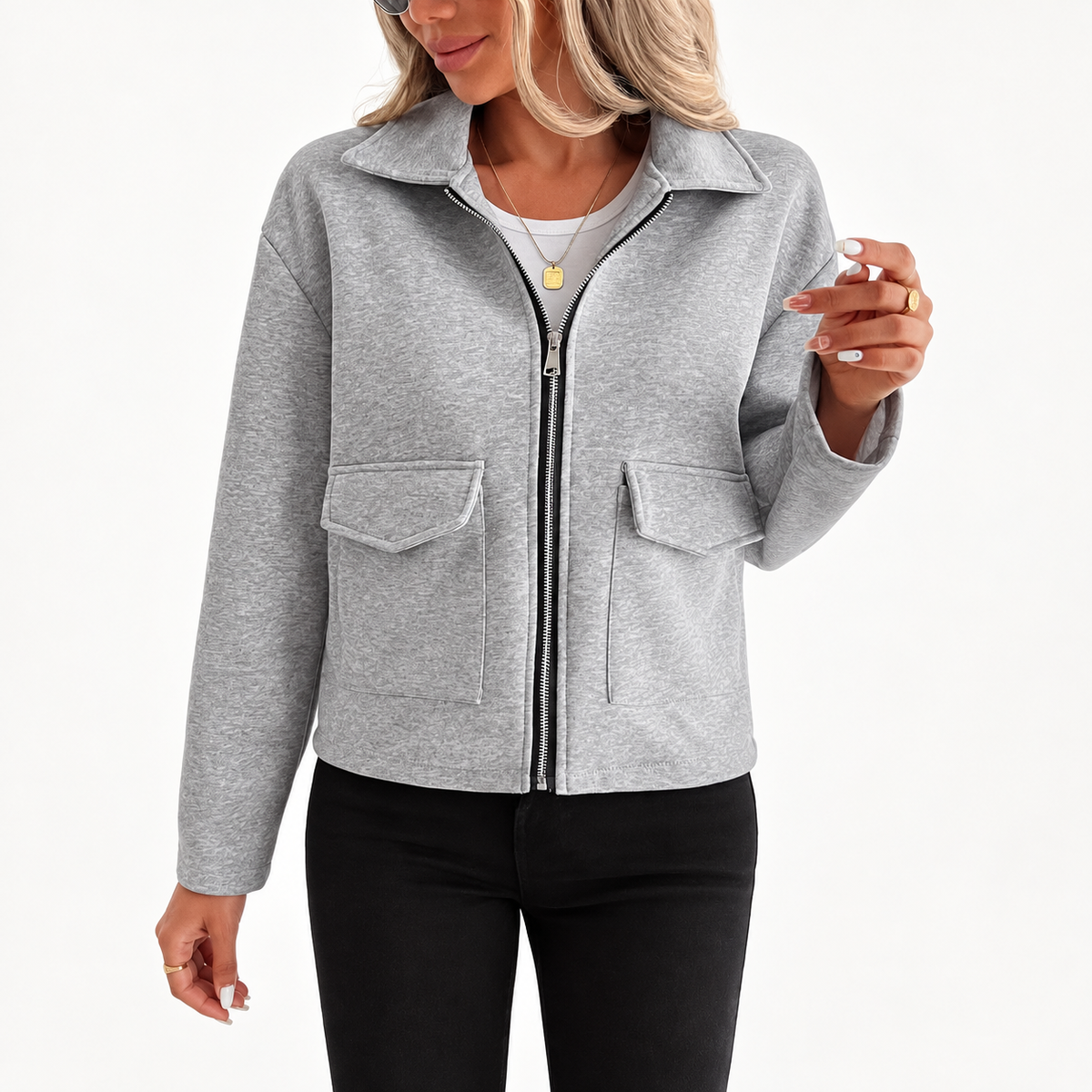 Women's Grey Zip-Up Utility Overshirt – Long Sleeve, Flap Pockets – Casual, Everyday Wear