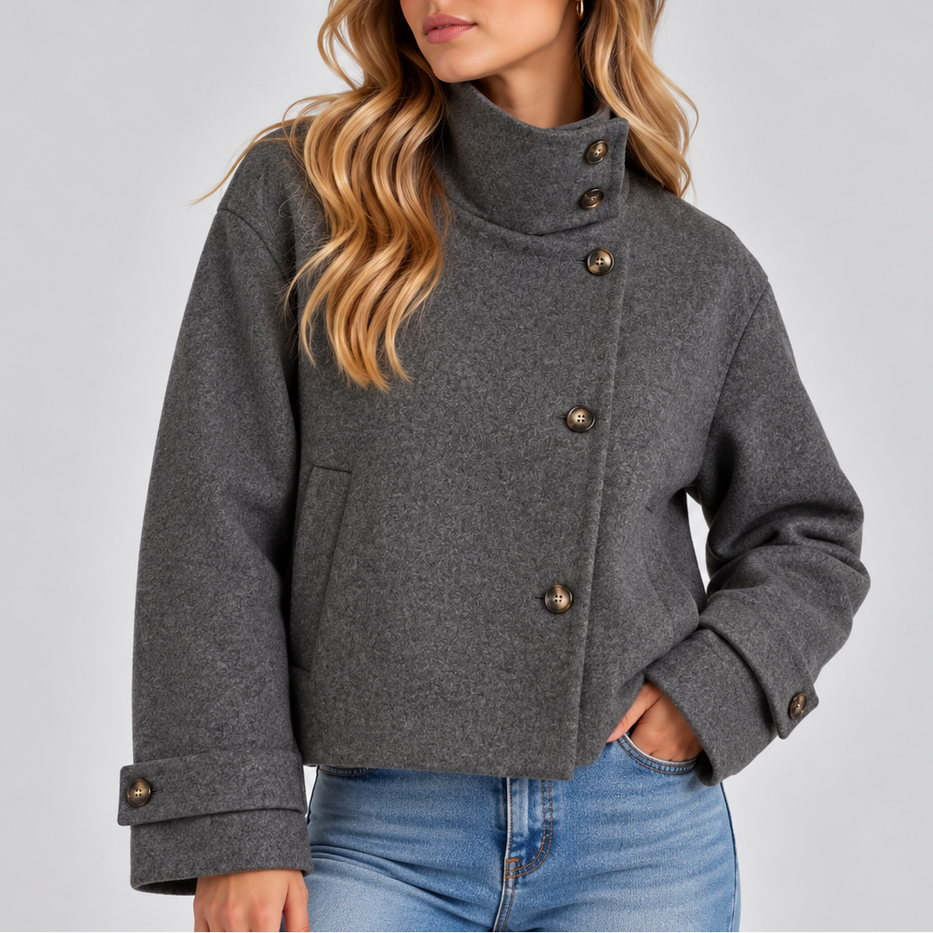 Women's Cropped Jacket – High Neck, Button Front – Casual, Stylish