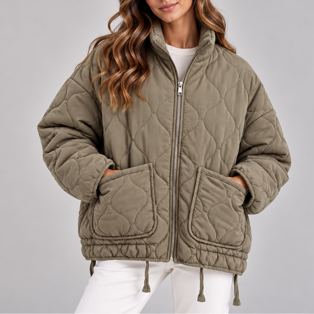 Women's Oversized Quilted Puffer Jacket – High Neck, Zip Up – Casual, Cold Weather