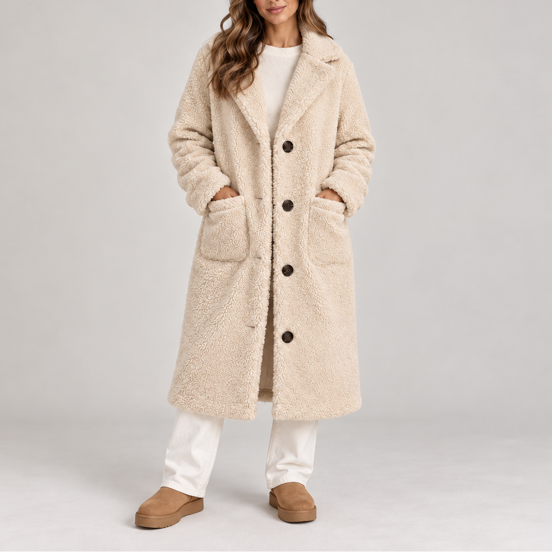 Women's Teddy Fleece Coat – Oversized, Button-Up, Long Winter Jacket – Casual, Everyday Wear