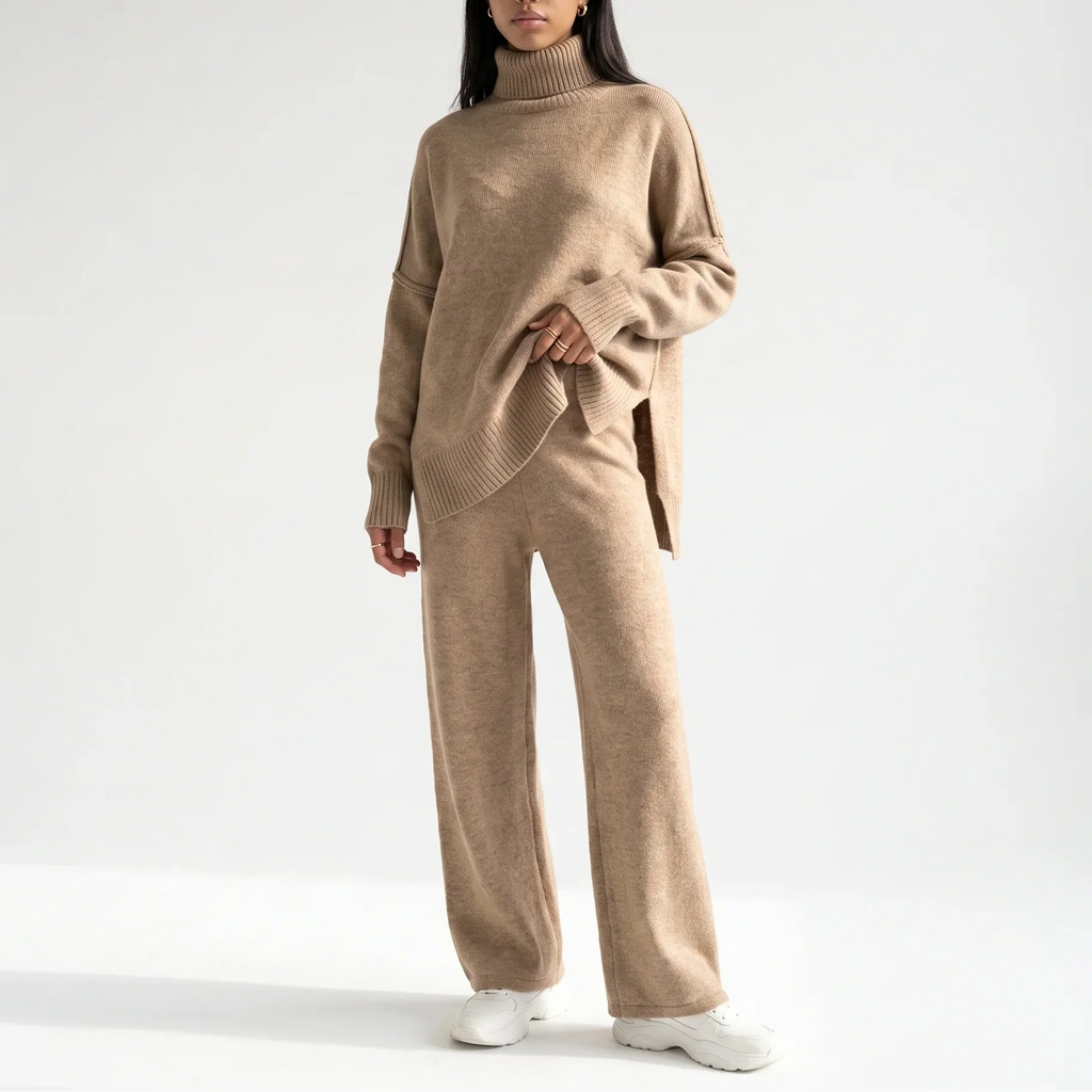 Women's Knitted Lounge Set – Turtleneck Jumper & Wide-Leg Trousers – Relaxing at Home, Casual Outfits