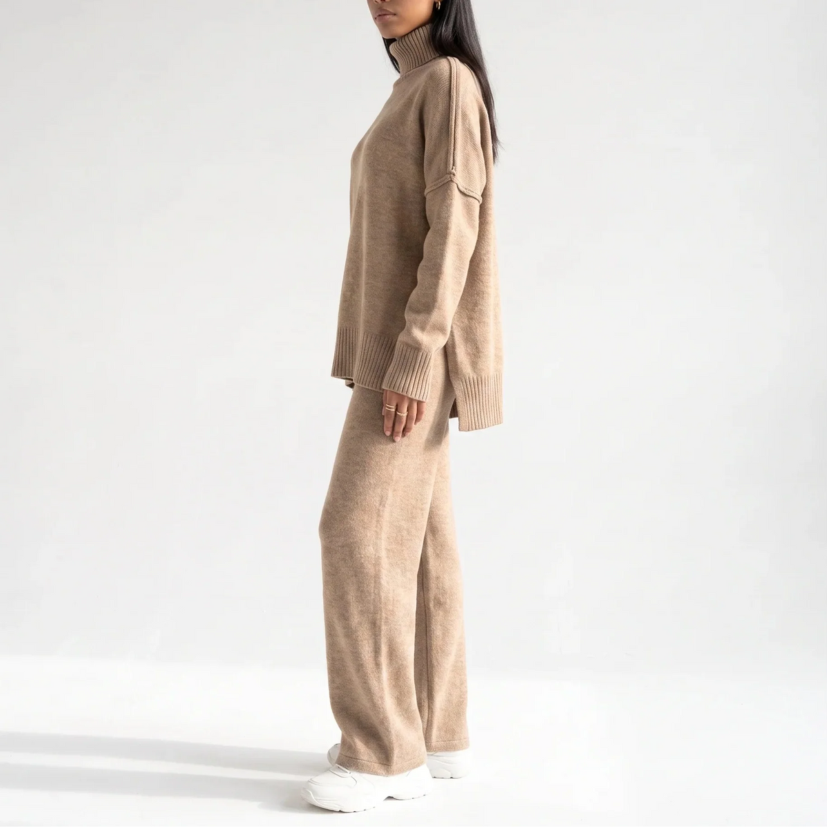 Women's Knitted Lounge Set – Turtleneck Jumper & Wide-Leg Trousers – Relaxing at Home, Casual Outfits