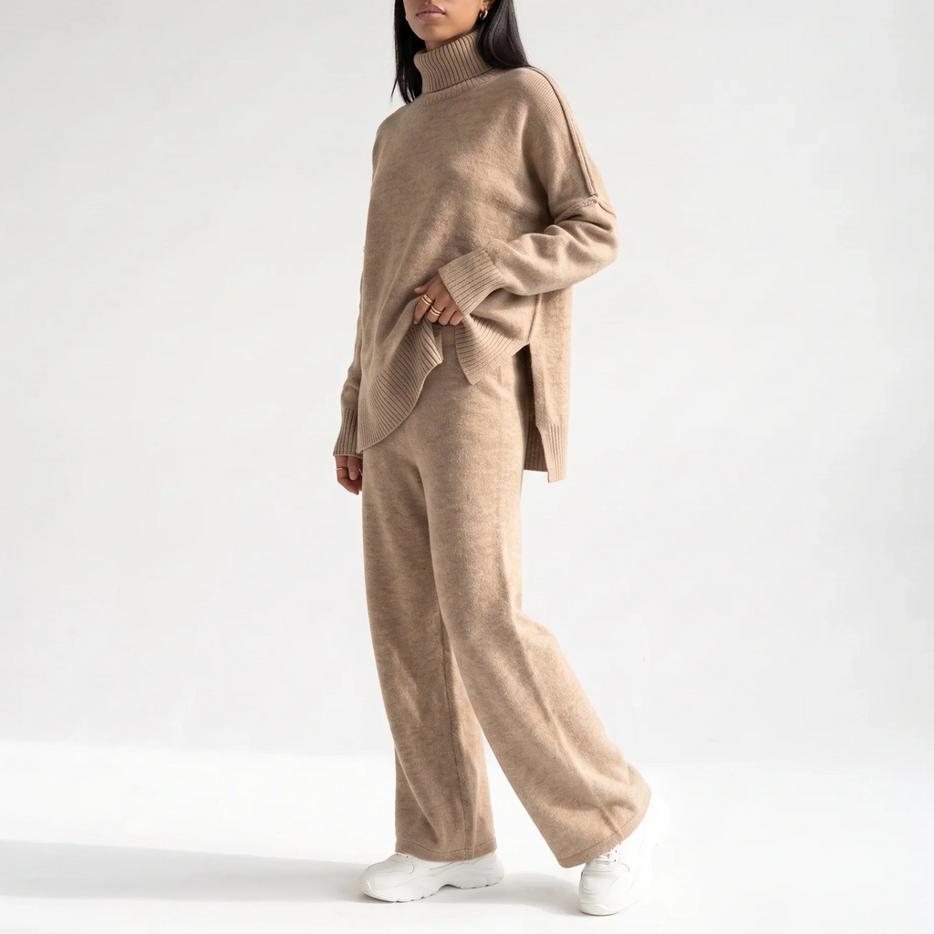 Women's Knitted Lounge Set – Turtleneck Jumper & Wide-Leg Trousers – Relaxing at Home, Casual Outfits