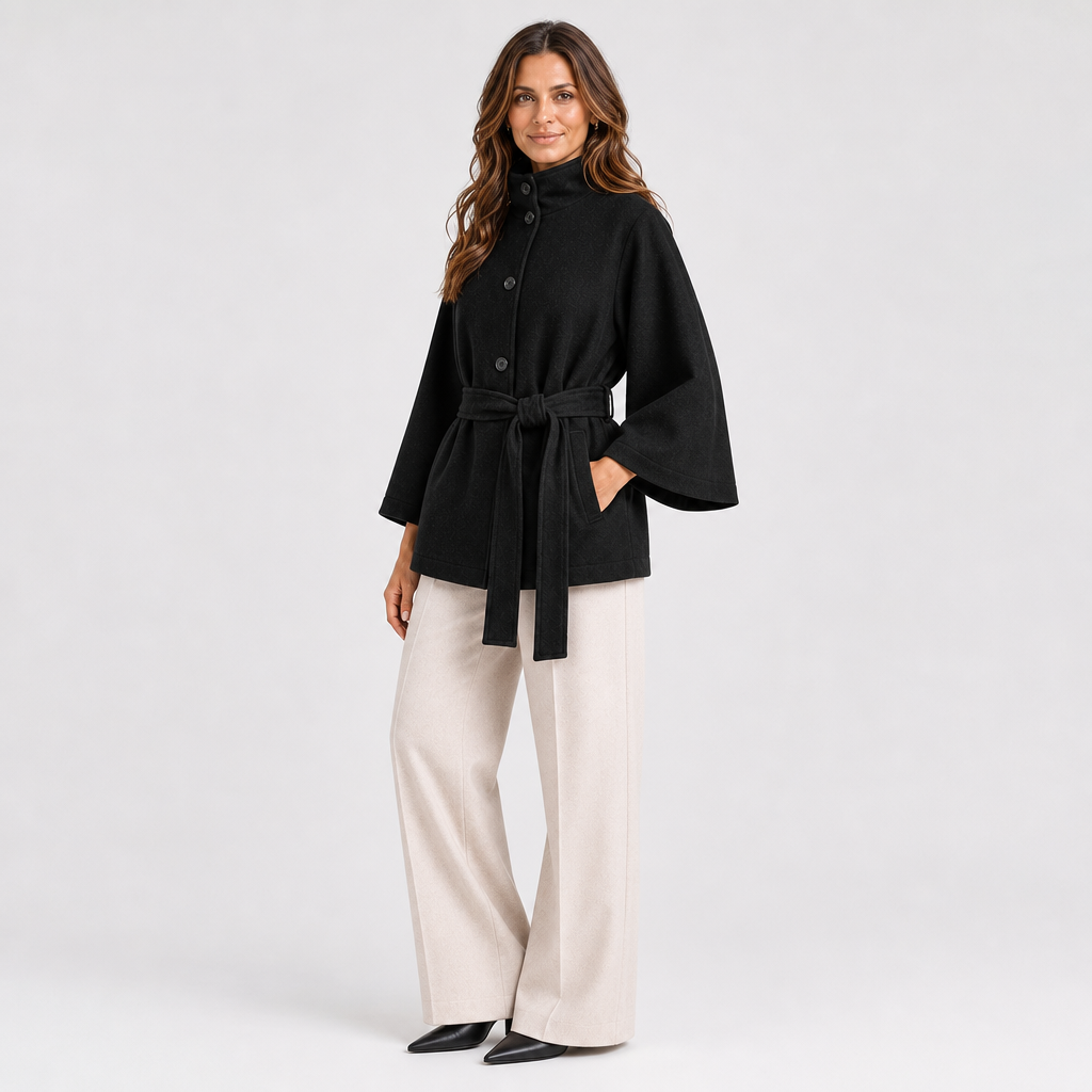 Belted Cape Jacket for Women with Stand Collar – Casual, Office Wear