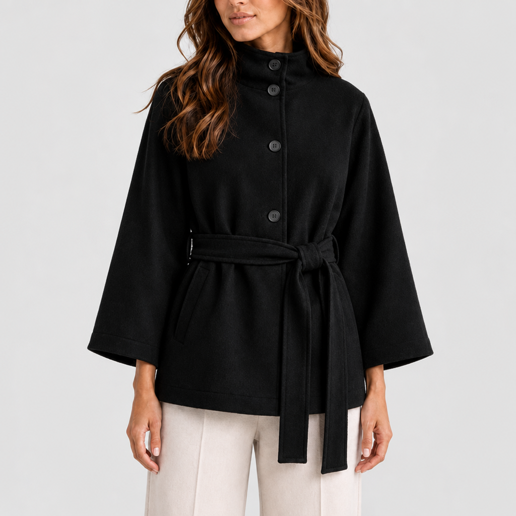 Belted Cape Jacket for Women with Stand Collar – Casual, Office Wear