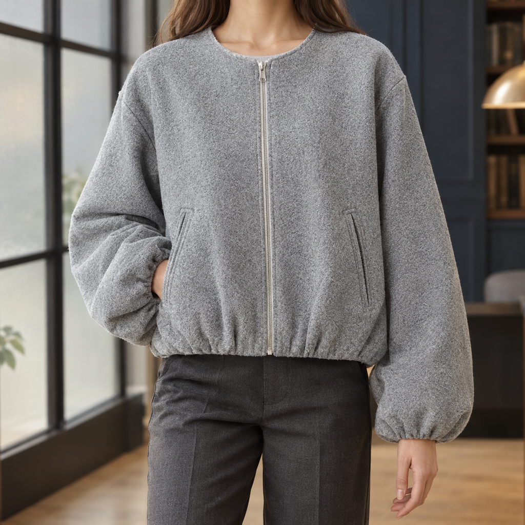 Women's Cropped Zip-Front Jacket with Balloon Sleeves – Casual Wear, Everyday Style