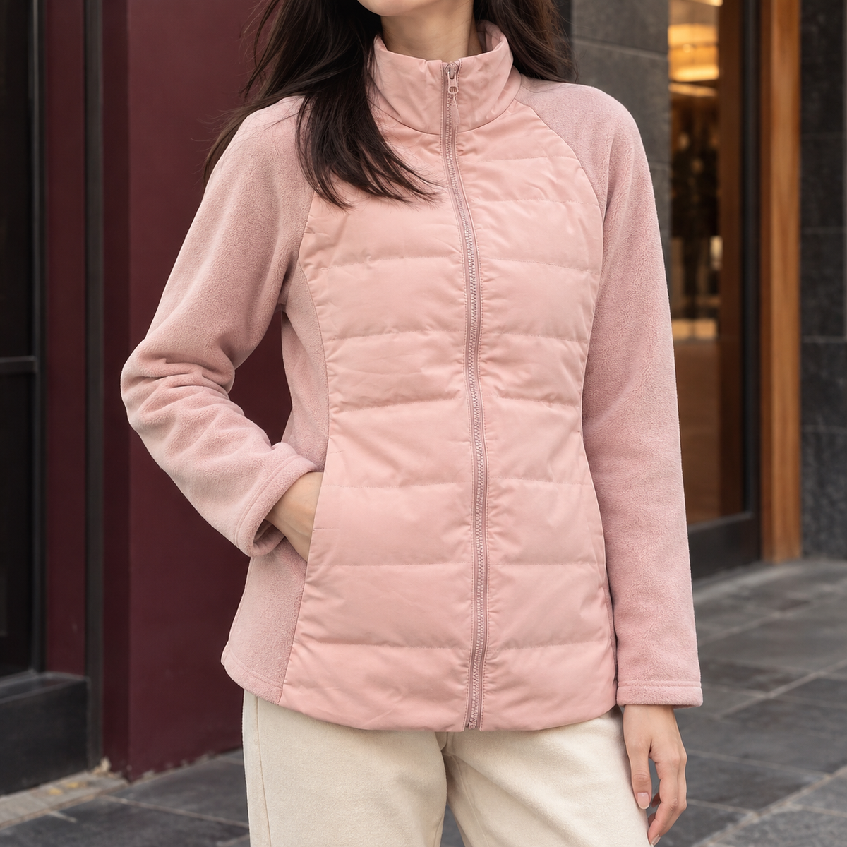 Women's Quilted Panel Jacket with Stand Collar and Full Zip – Casual Wear, Outdoor Activities