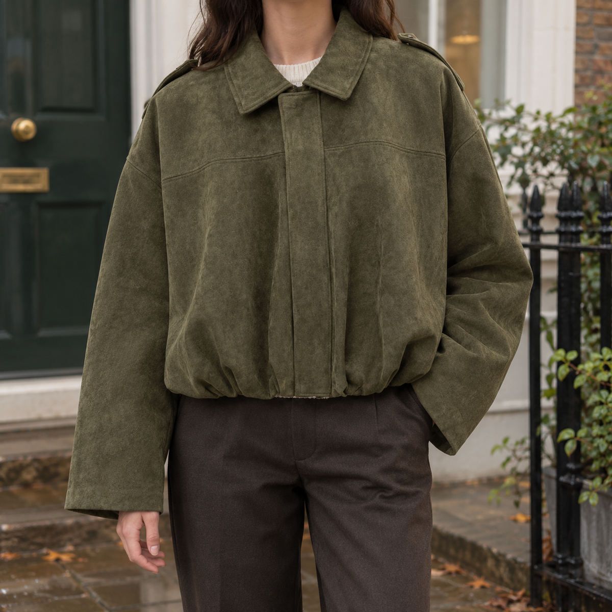 Women's Suede-Effect Bomber Jacket with Concealed Zip – Casual, Everyday Wear