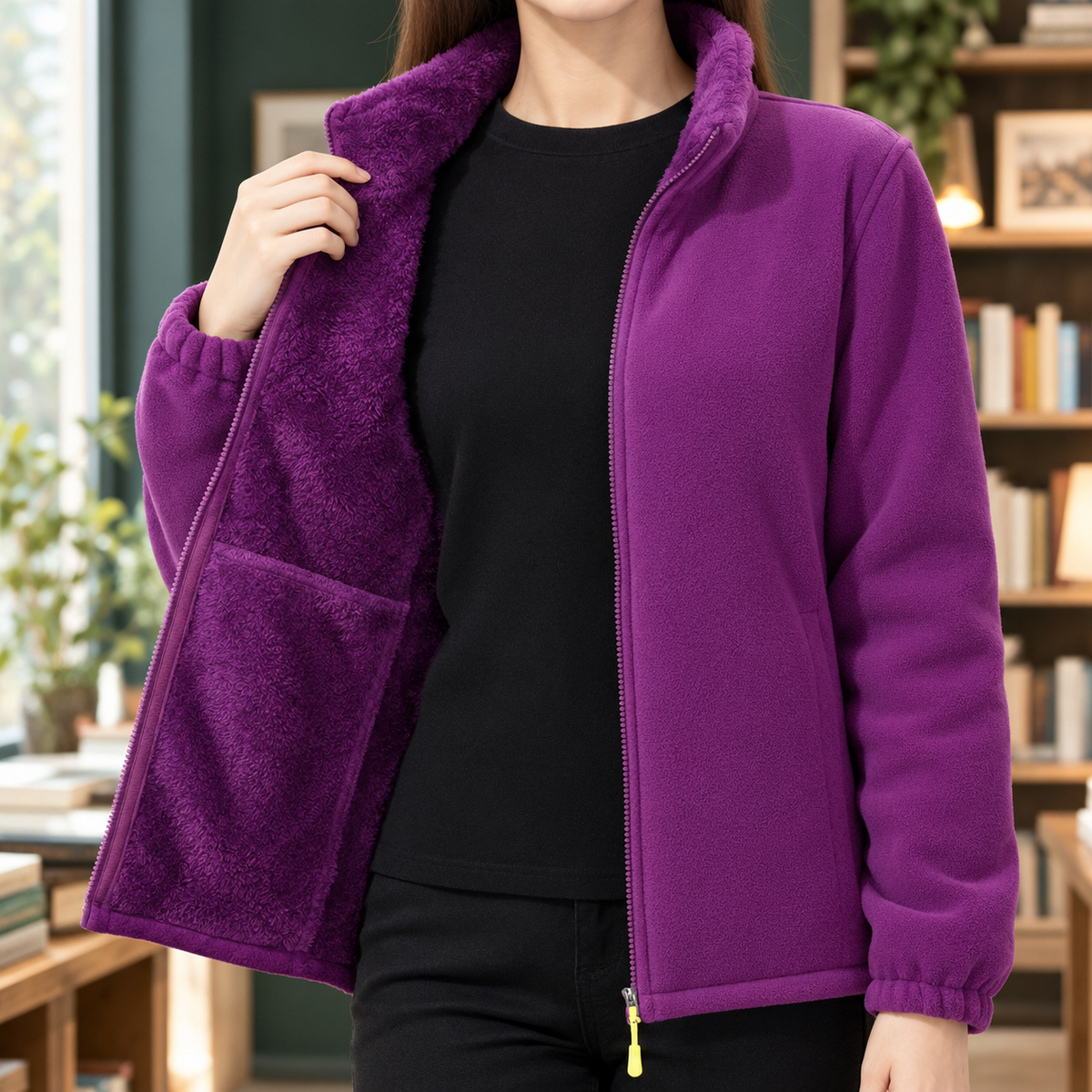 Women's Zip-Up Fleece Jacket with Plush Lining and Stand Collar – Casual Wear, Outdoor Adventures