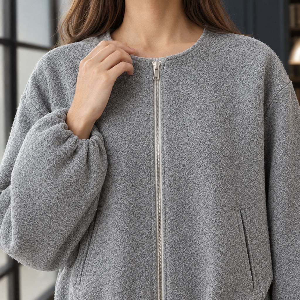 Women's Cropped Zip-Front Jacket with Balloon Sleeves – Casual Wear, Everyday Style